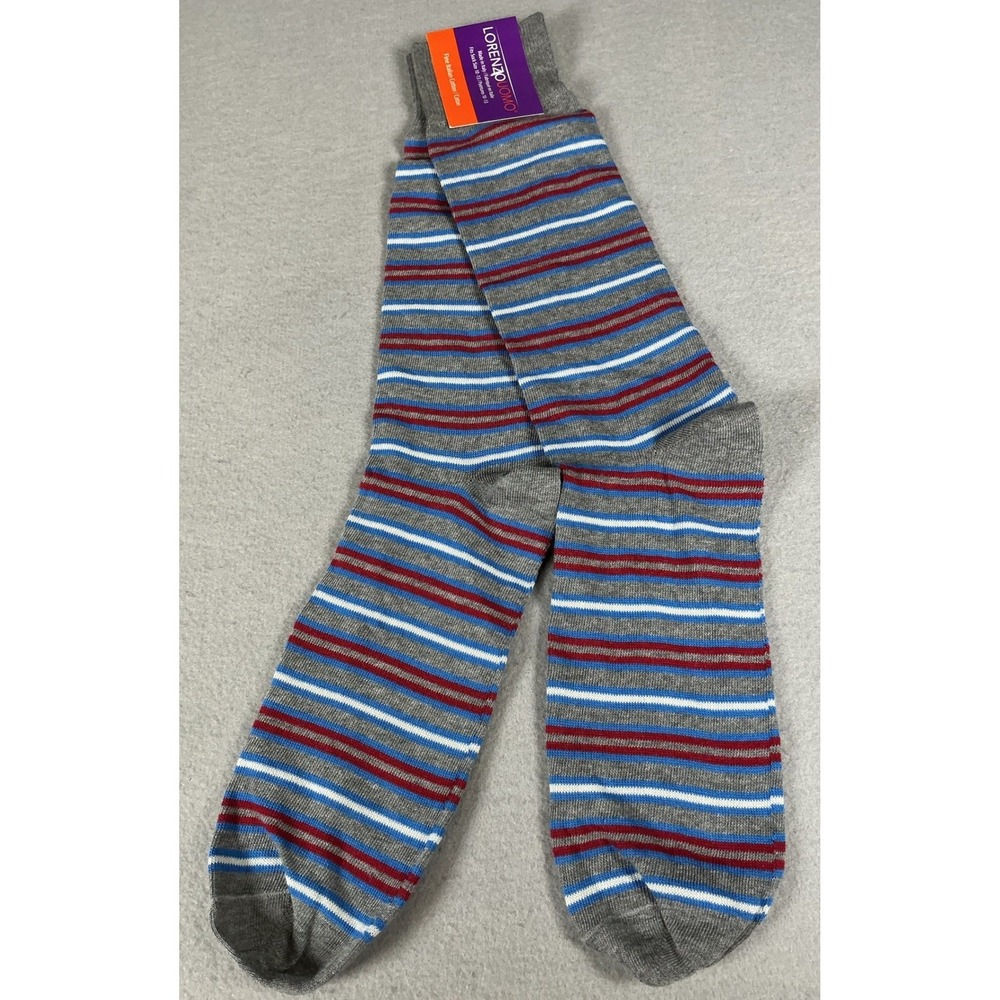 Lorenzo Uomo Italian Cotton Dress Socks Gray Striped Crew Mens 10-13 NWT